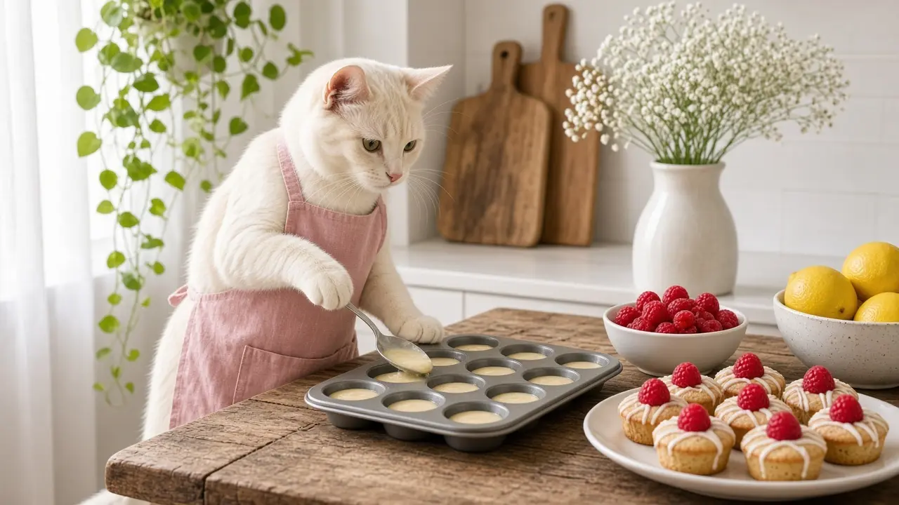 A cream-coloured cat in a pink apron, cooking this dish