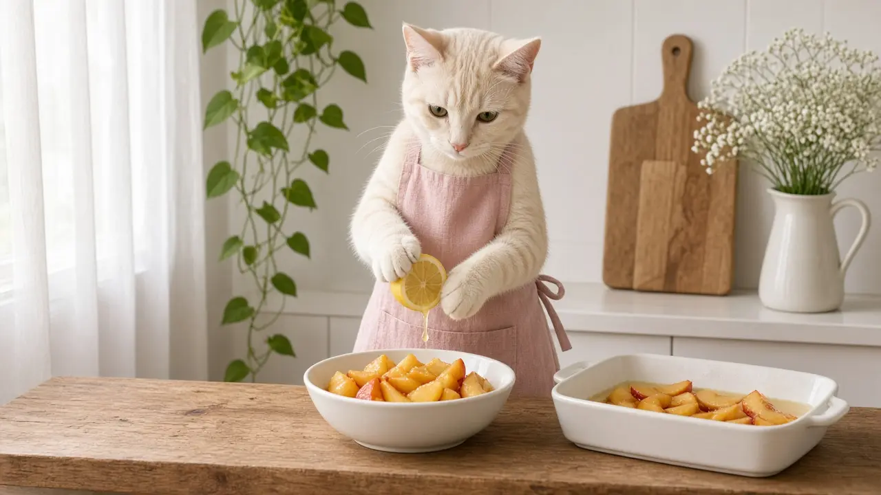 A cream-coloured cat in a pink apron, cooking this dish
