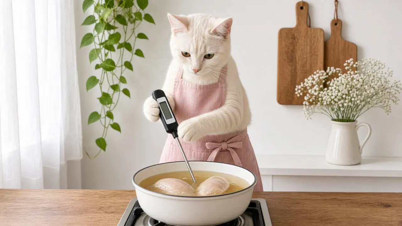 A cream-coloured cat in a pink apron, cooking this dish
