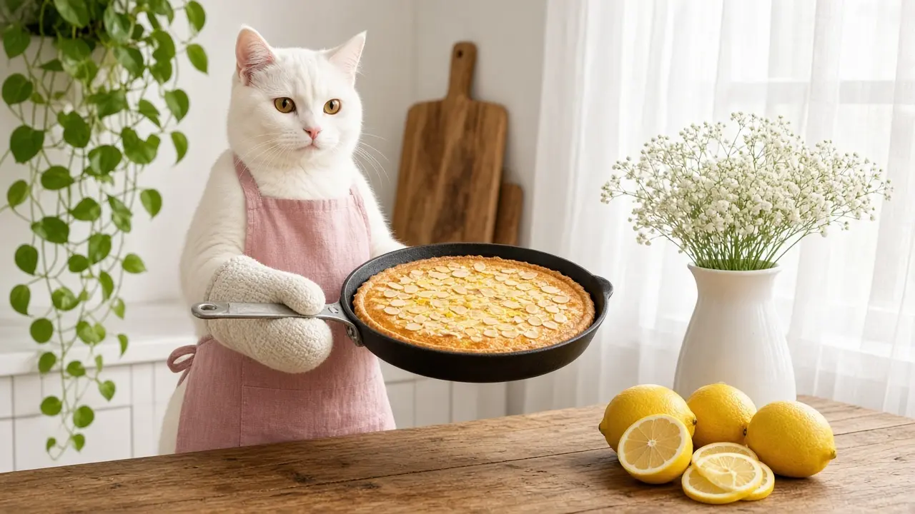 A cream-coloured cat in a pink apron, cooking this dish