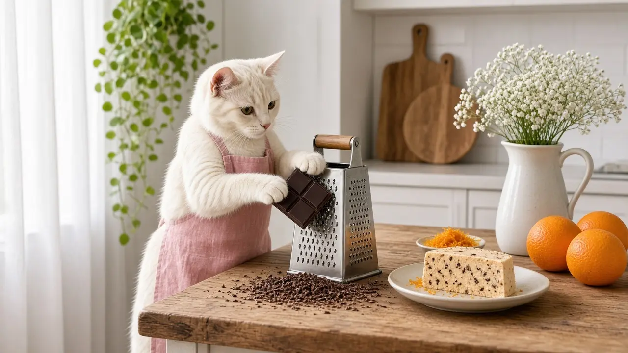 A cream-coloured cat in a pink apron, cooking this dish