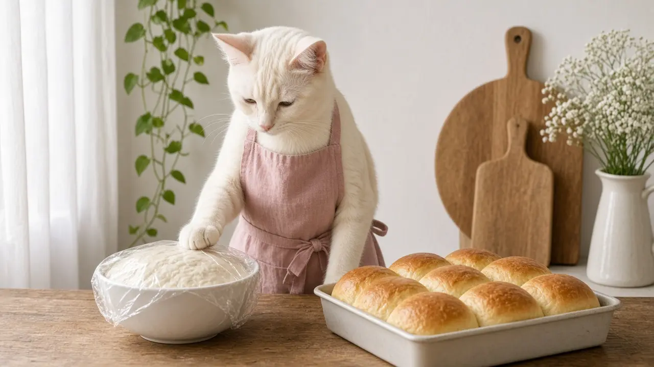 A cream-coloured cat in a pink apron, cooking this dish