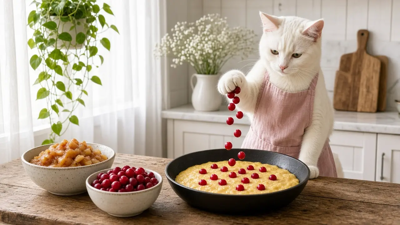 A cream-coloured cat in a pink apron, cooking this dish