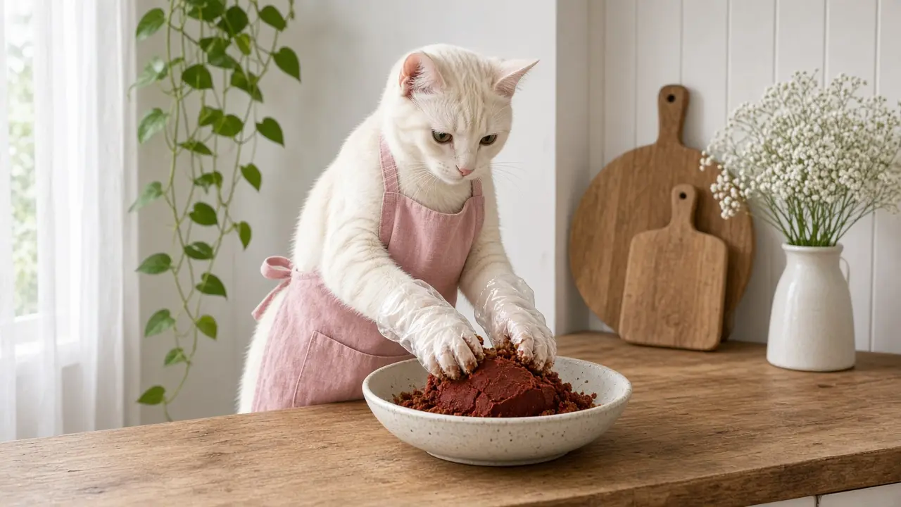 A cream-coloured cat in a pink apron, cooking this dish