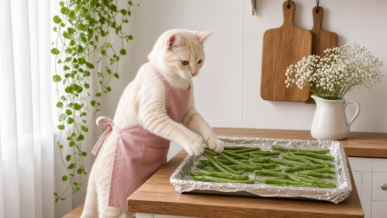 A cream-coloured cat in a pink apron, cooking this dish
