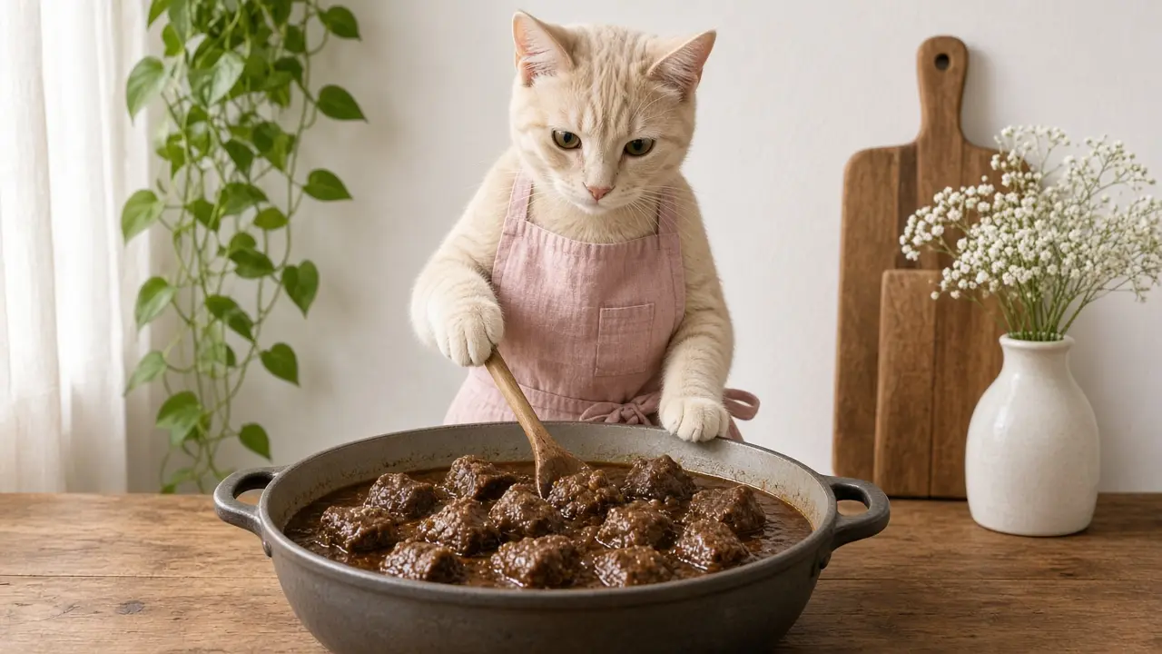 A cream-coloured cat in a pink apron, cooking this dish