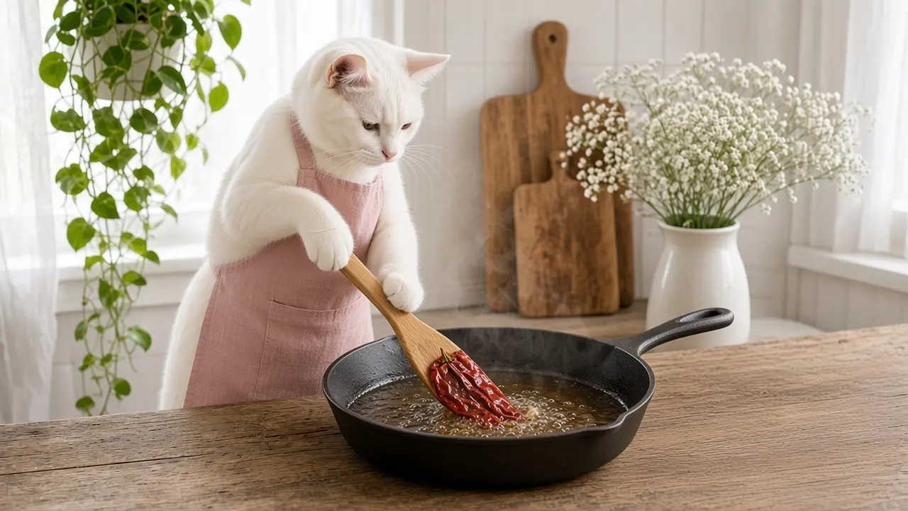 A cream-coloured cat in a pink apron, cooking this dish
