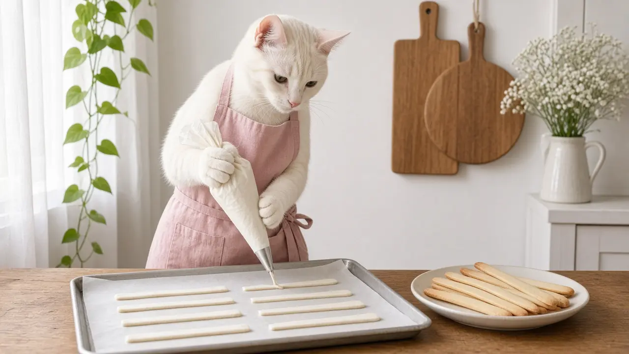A cream-coloured cat in a pink apron, cooking this dish