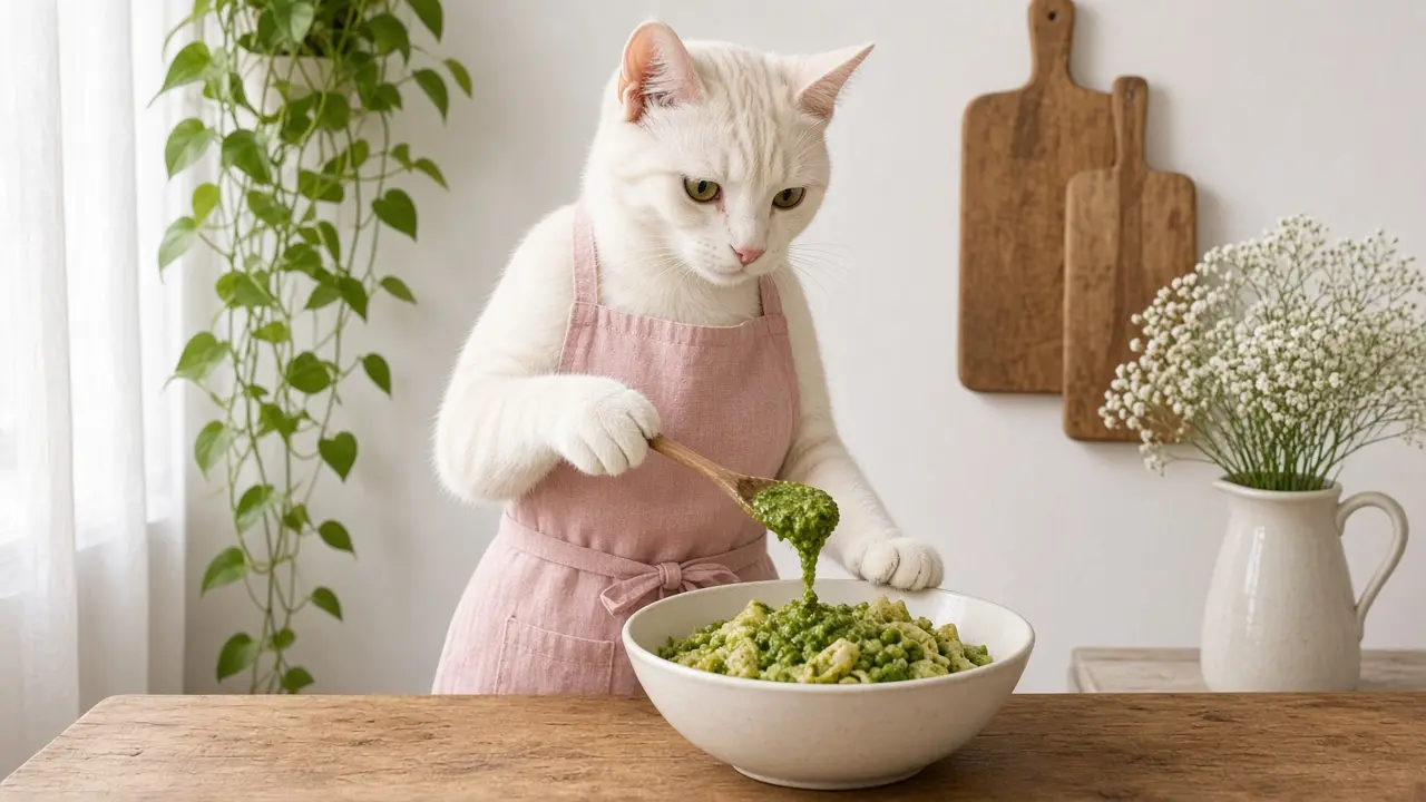 A cream-coloured cat in a pink apron, cooking this dish