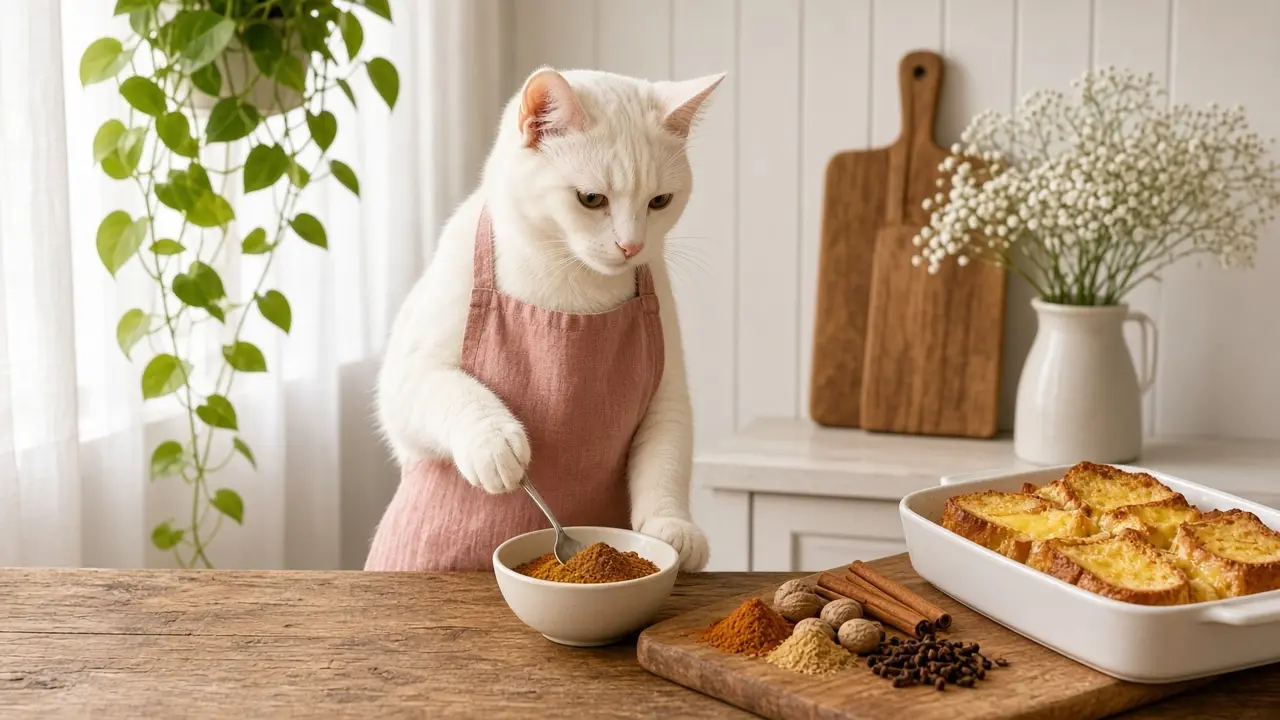 A cream-coloured cat in a pink apron, cooking this dish