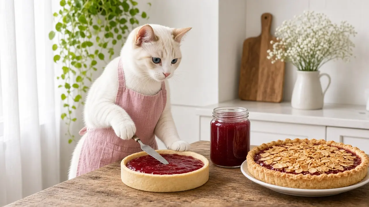 A cream-coloured cat in a pink apron, cooking this dish