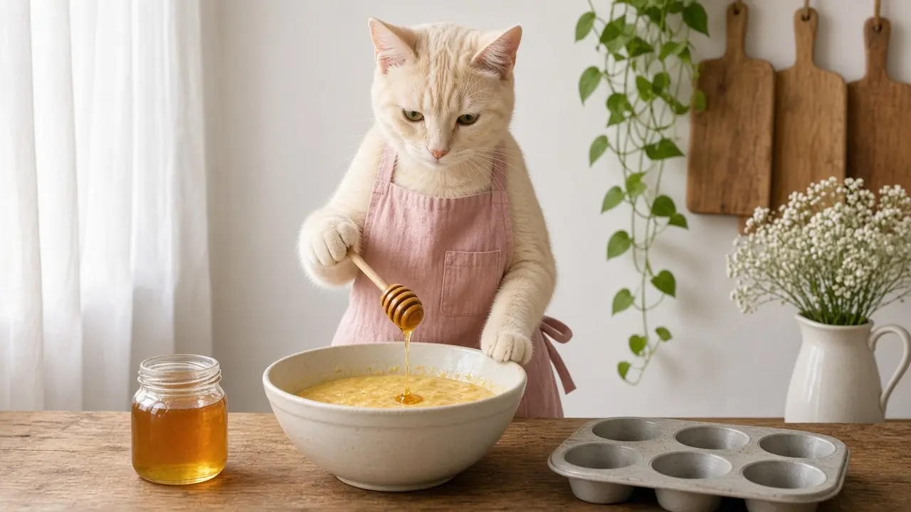 A cream-coloured cat in a pink apron, cooking this dish