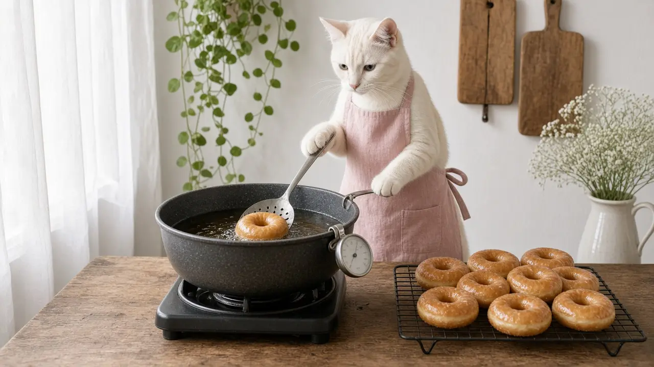 A cream-coloured cat in a pink apron, cooking this dish