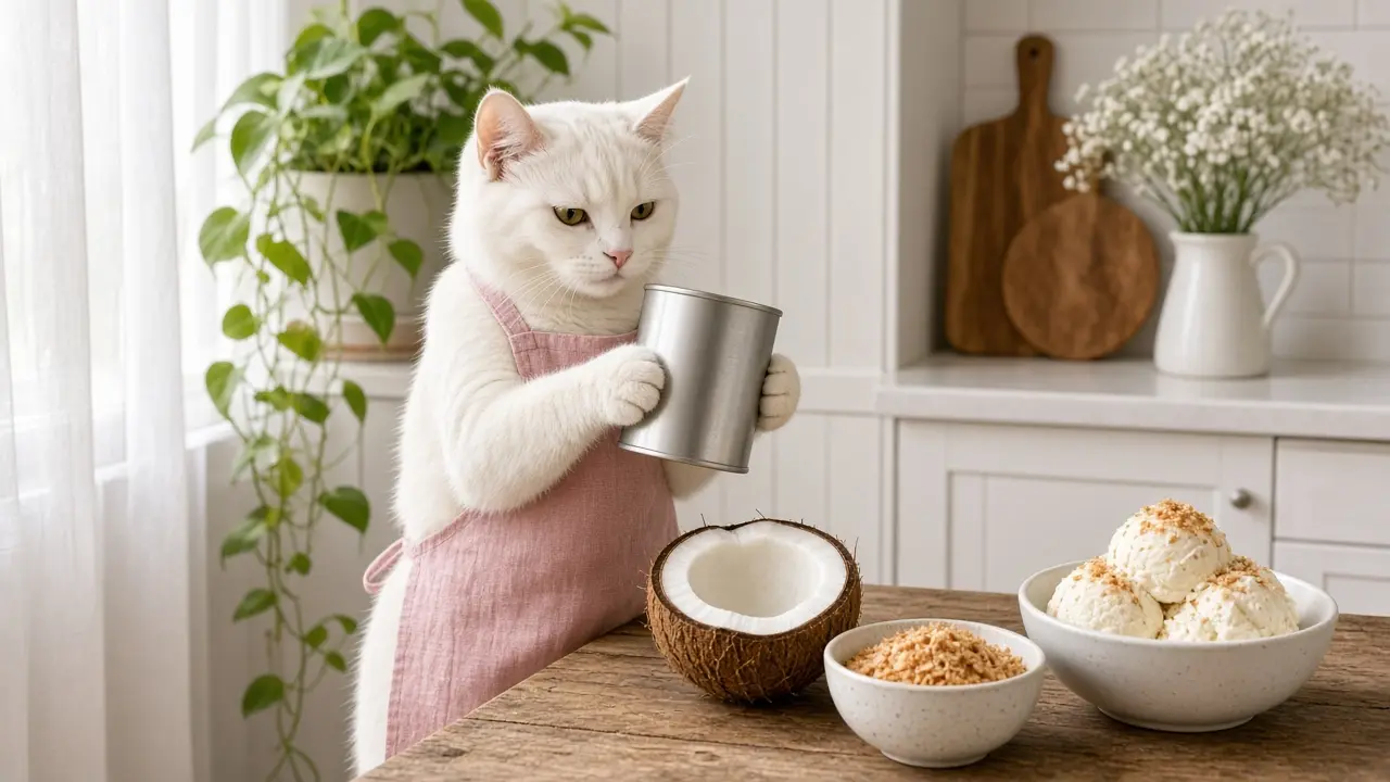 A cream-coloured cat in a pink apron, cooking this dish