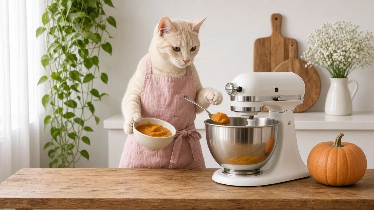 A cream-coloured cat in a pink apron, cooking this dish