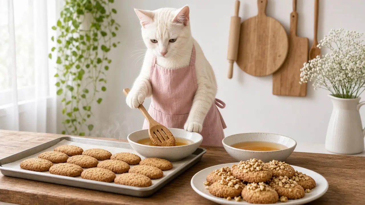 A cream-coloured cat in a pink apron, cooking this dish