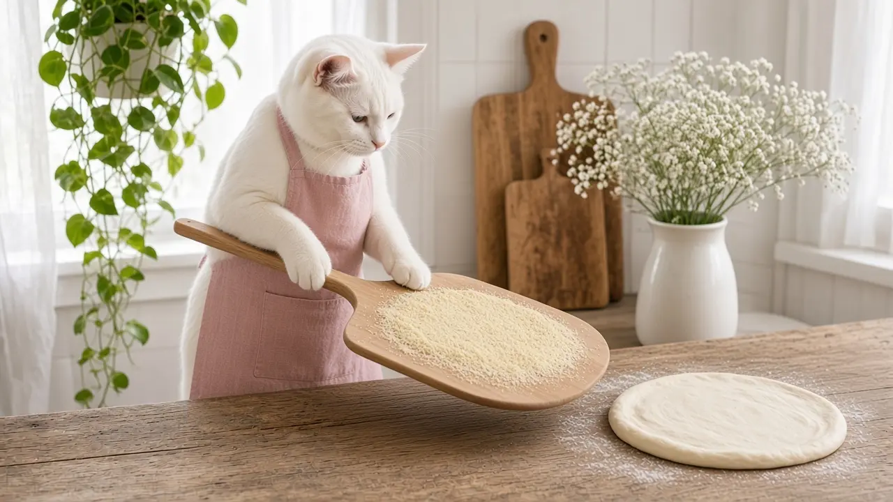 A cream-coloured cat in a pink apron, cooking this dish