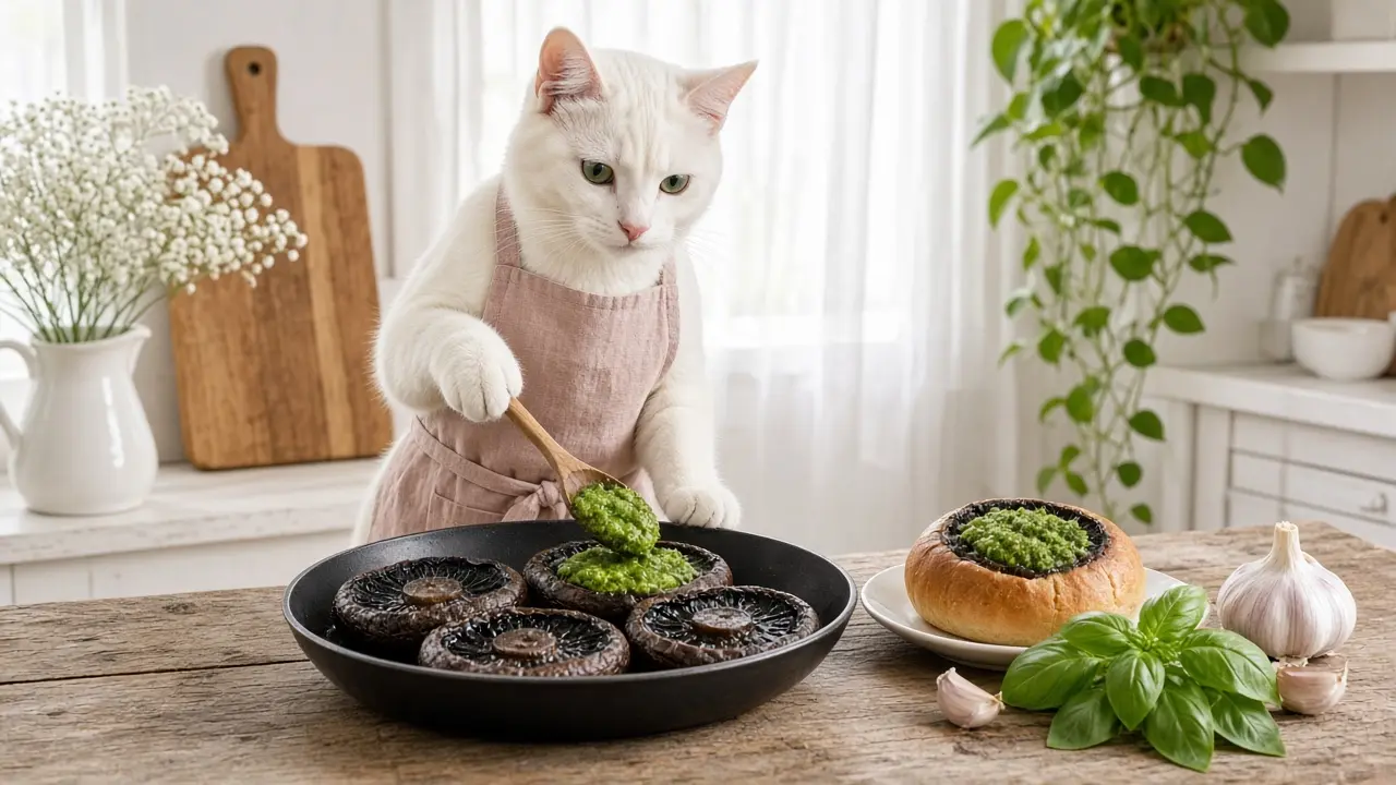 A cream-coloured cat in a pink apron, cooking this dish