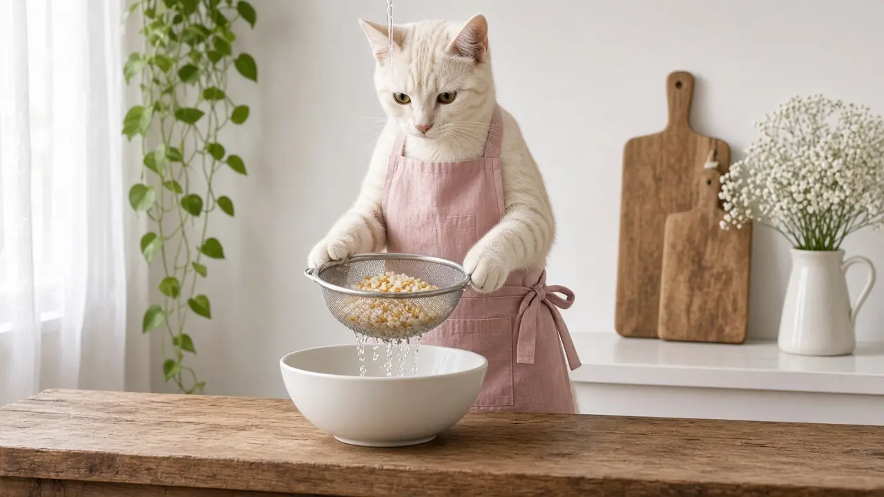 A cream-coloured cat in a pink apron, cooking this dish