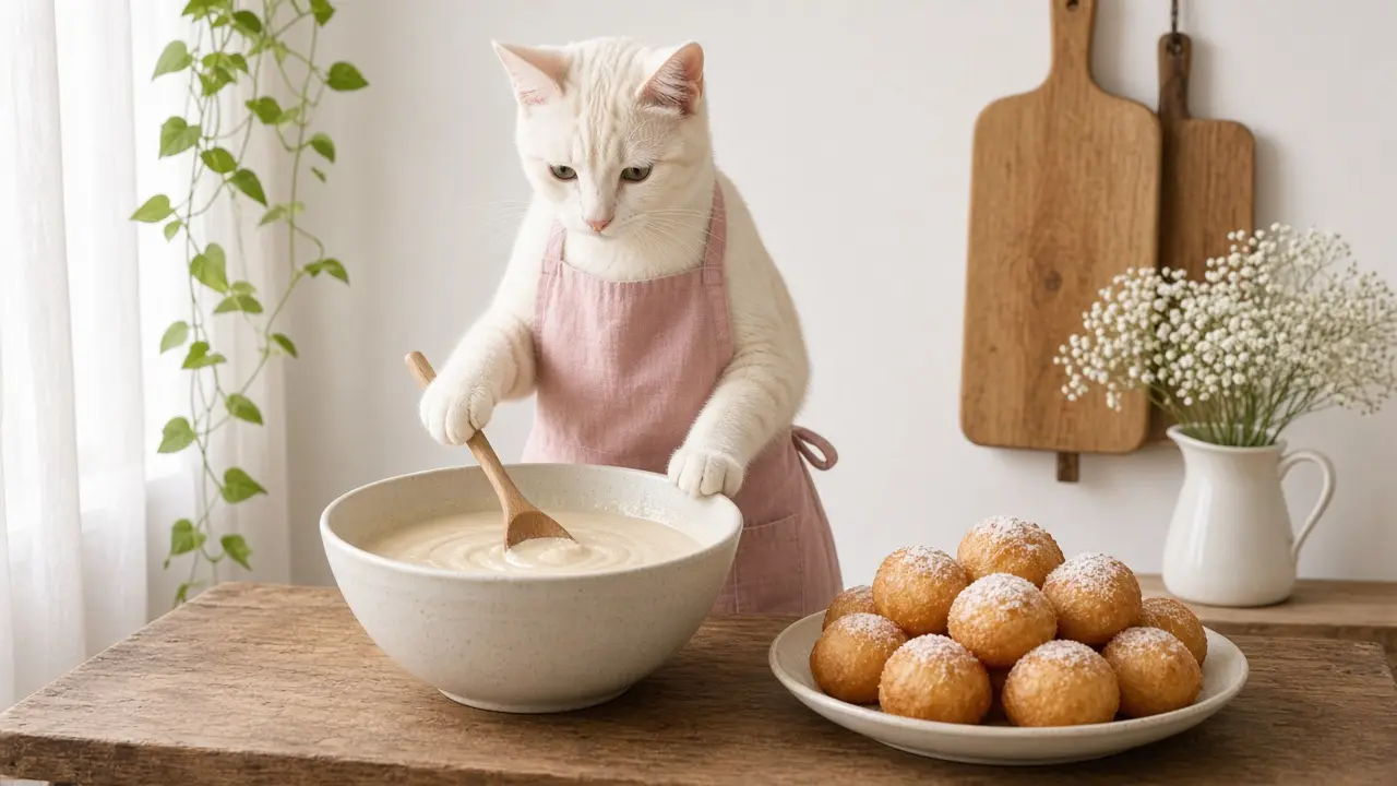 A cream-coloured cat in a pink apron, cooking this dish