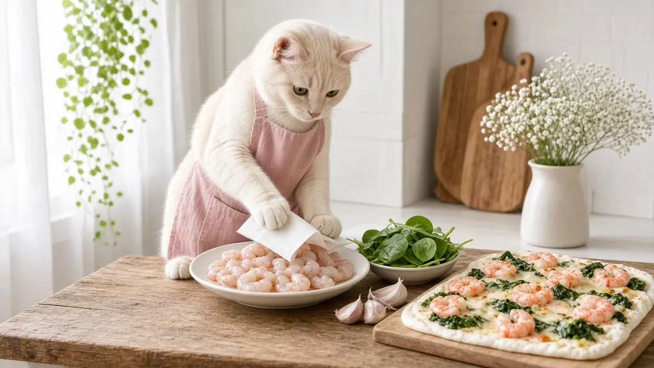A cream-coloured cat in a pink apron, cooking this dish