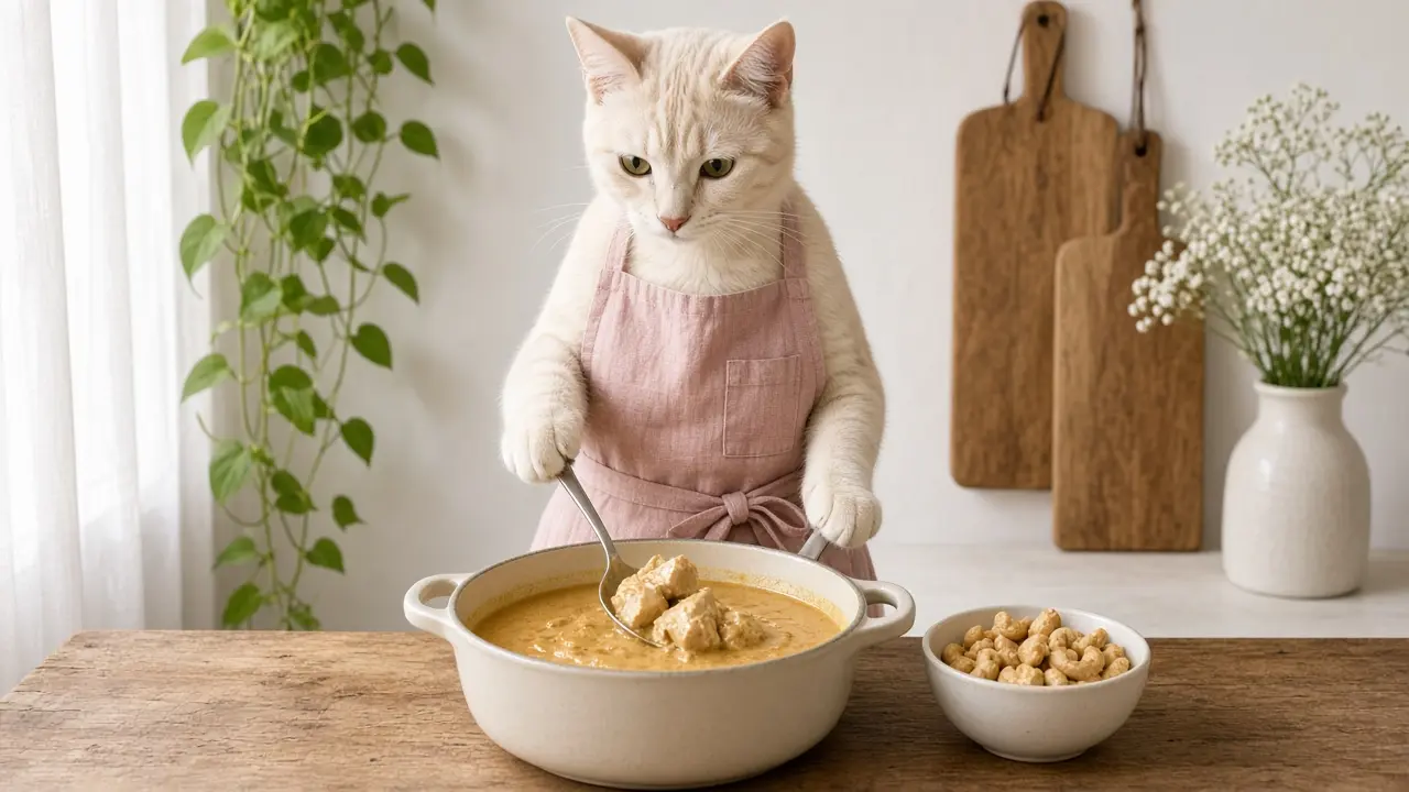A cream-coloured cat in a pink apron, cooking this dish
