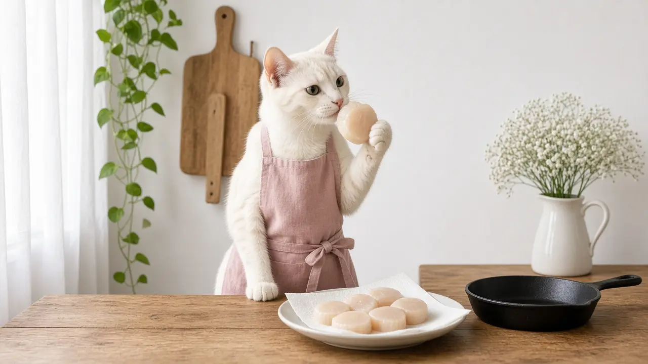 A cream-coloured cat in a pink apron, cooking this dish