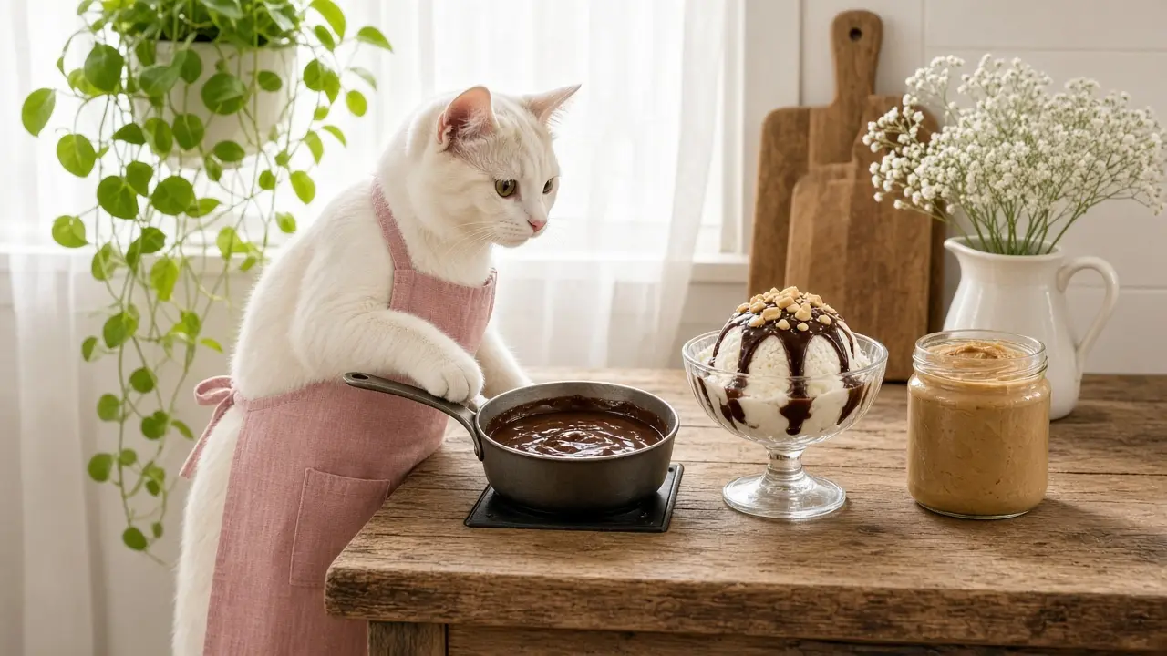 A cream-coloured cat in a pink apron, cooking this dish