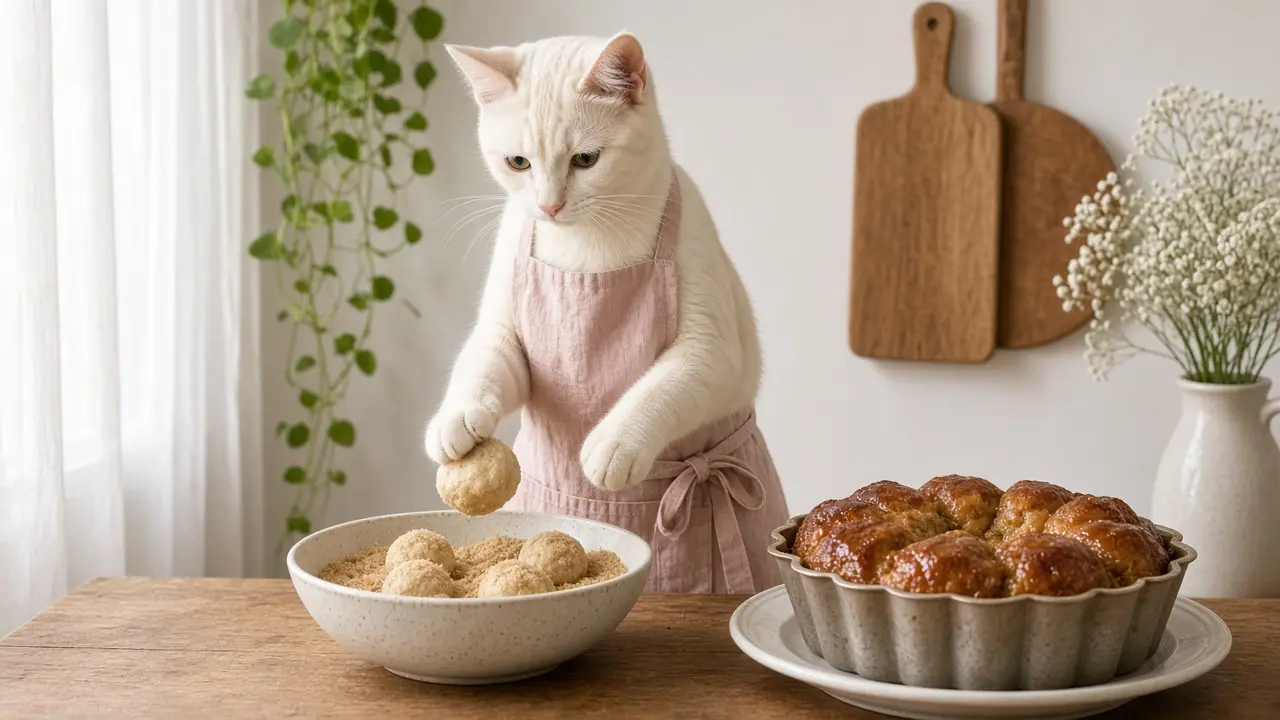A cream-coloured cat in a pink apron, cooking this dish