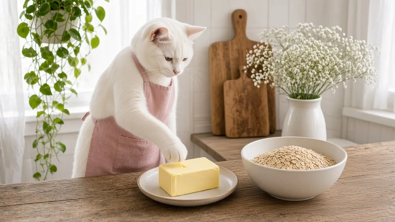 A cream-coloured cat in a pink apron, cooking this dish