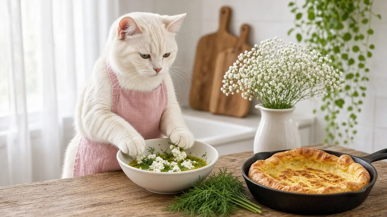 A cream-coloured cat in a pink apron, cooking this dish