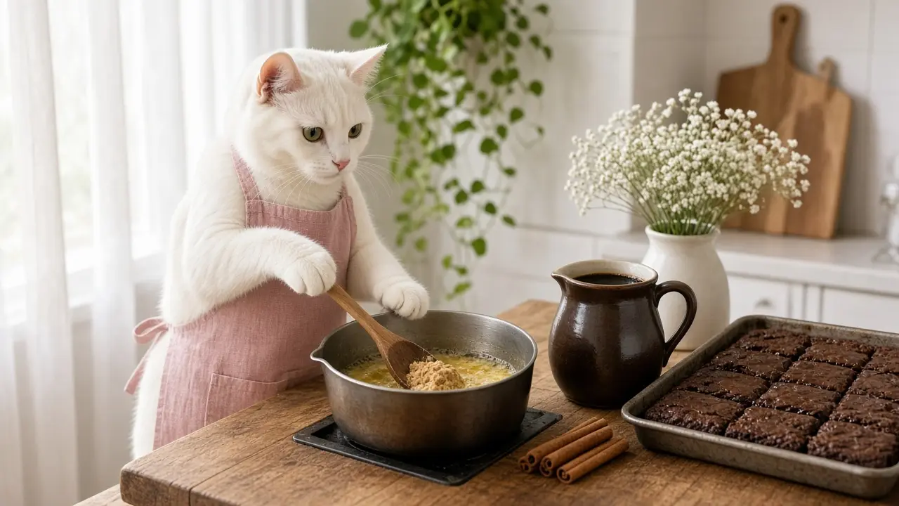 A cream-coloured cat in a pink apron, cooking this dish