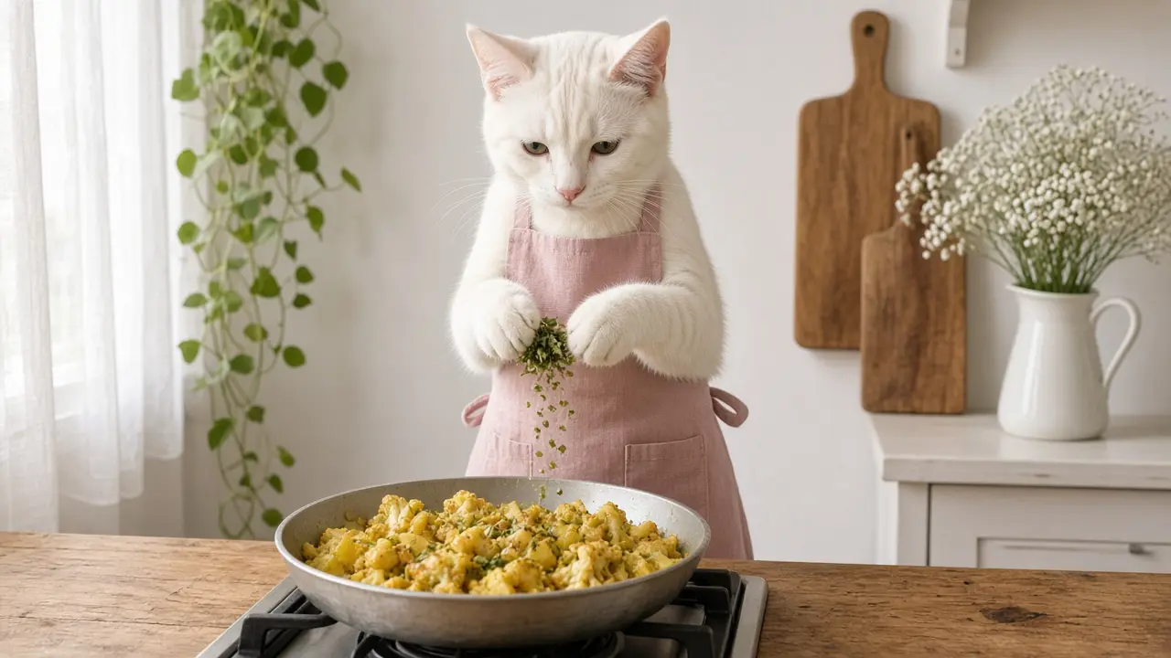 A cream-coloured cat in a pink apron, cooking this dish