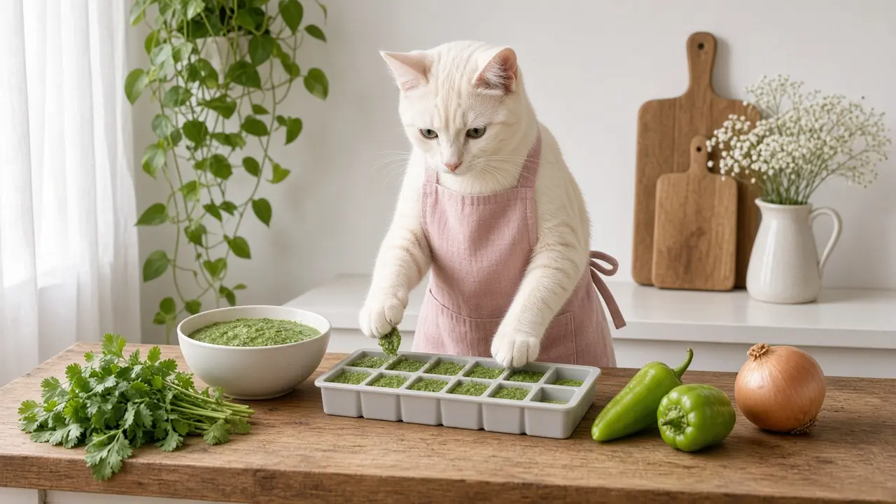 A cream-coloured cat in a pink apron, cooking this dish