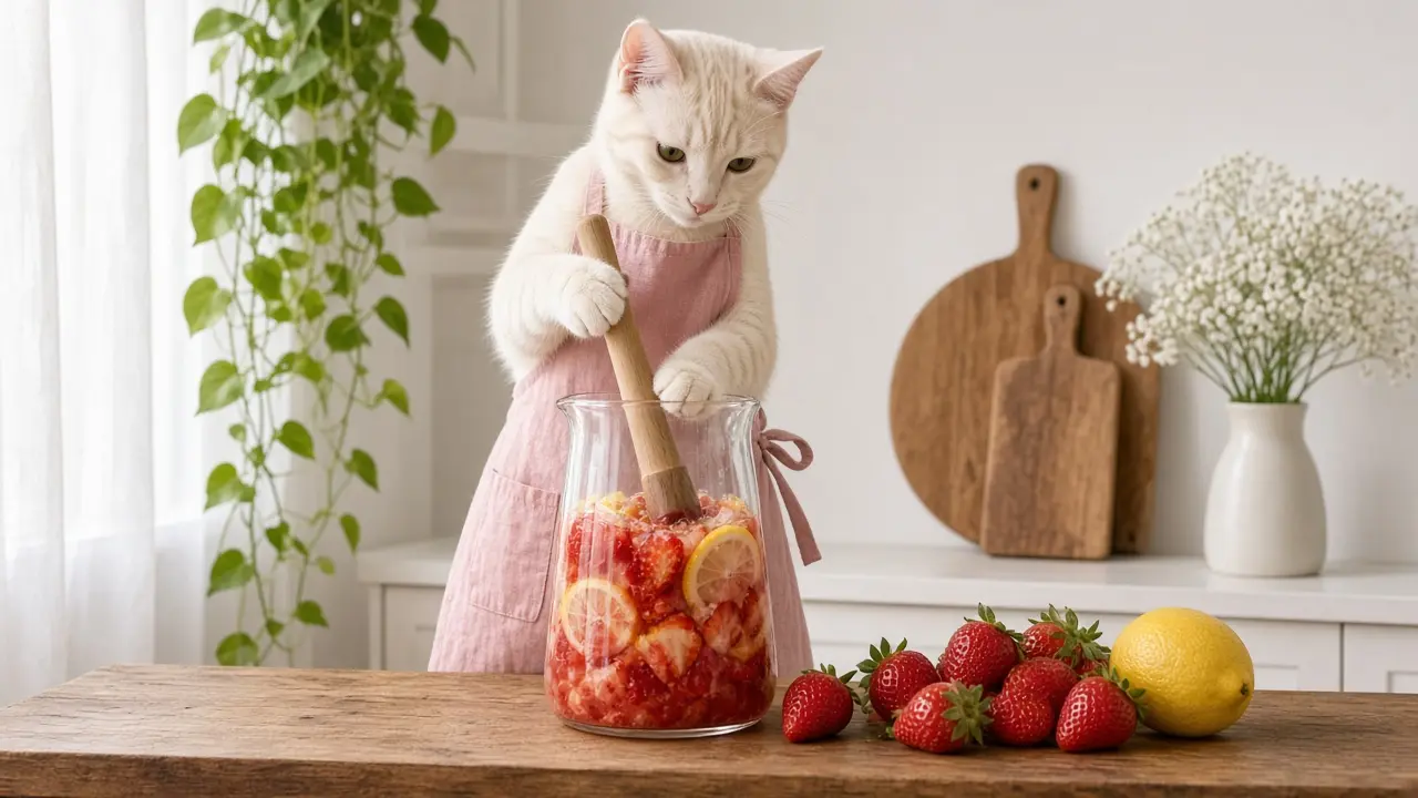 A cream-coloured cat in a pink apron, cooking this dish