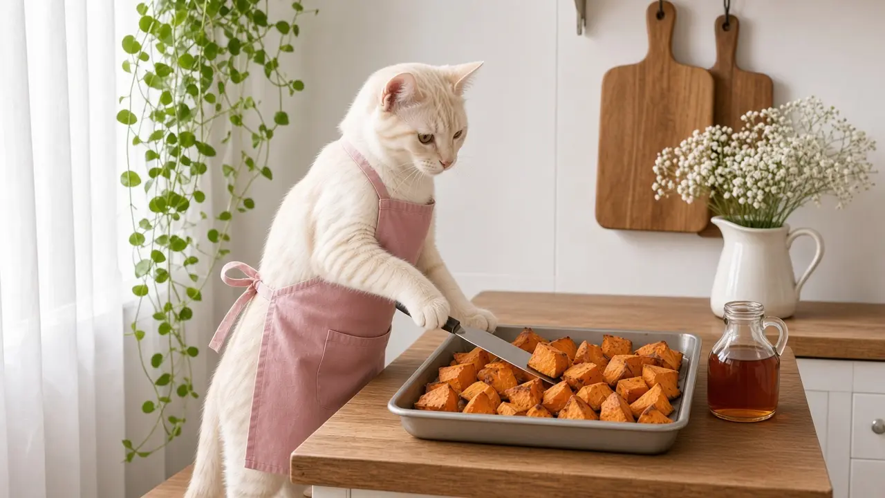 A cream-coloured cat in a pink apron, cooking this dish