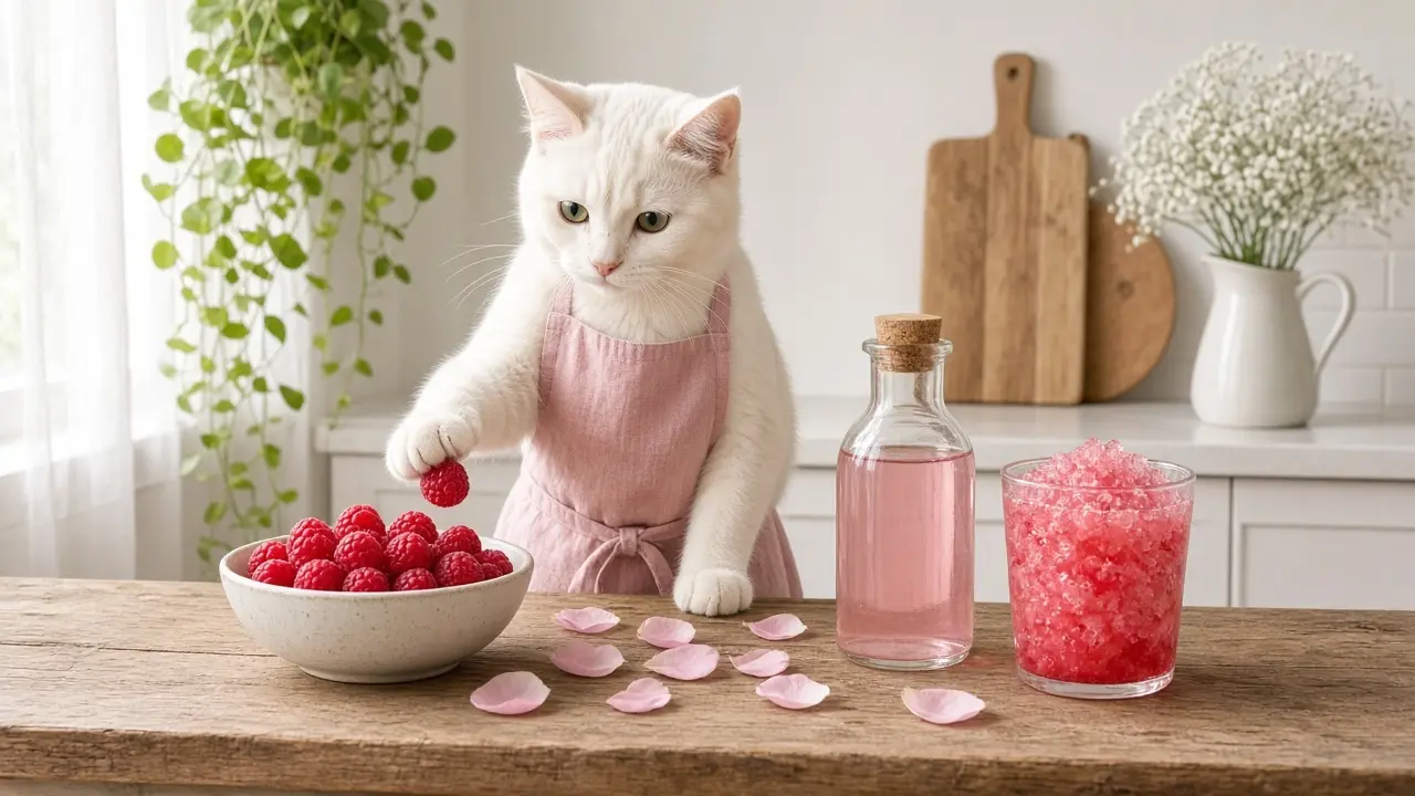 A cream-coloured cat in a pink apron, cooking this dish