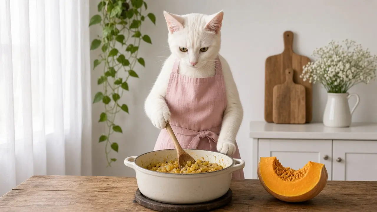 A cream-coloured cat in a pink apron, cooking this dish