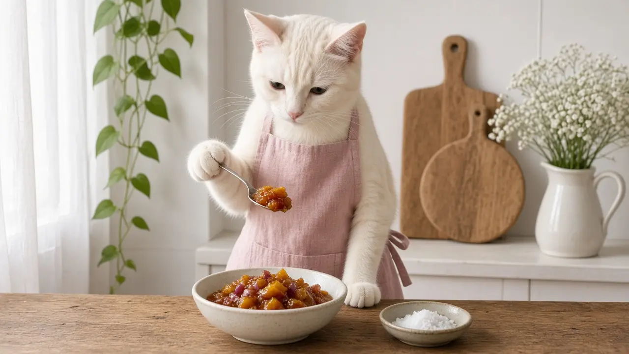 A cream-coloured cat in a pink apron, cooking this dish