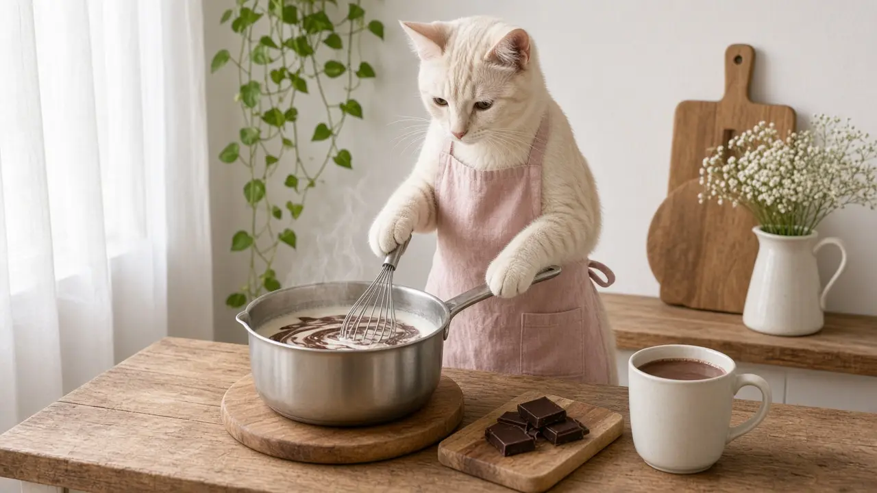 A cream-coloured cat in a pink apron, cooking this dish