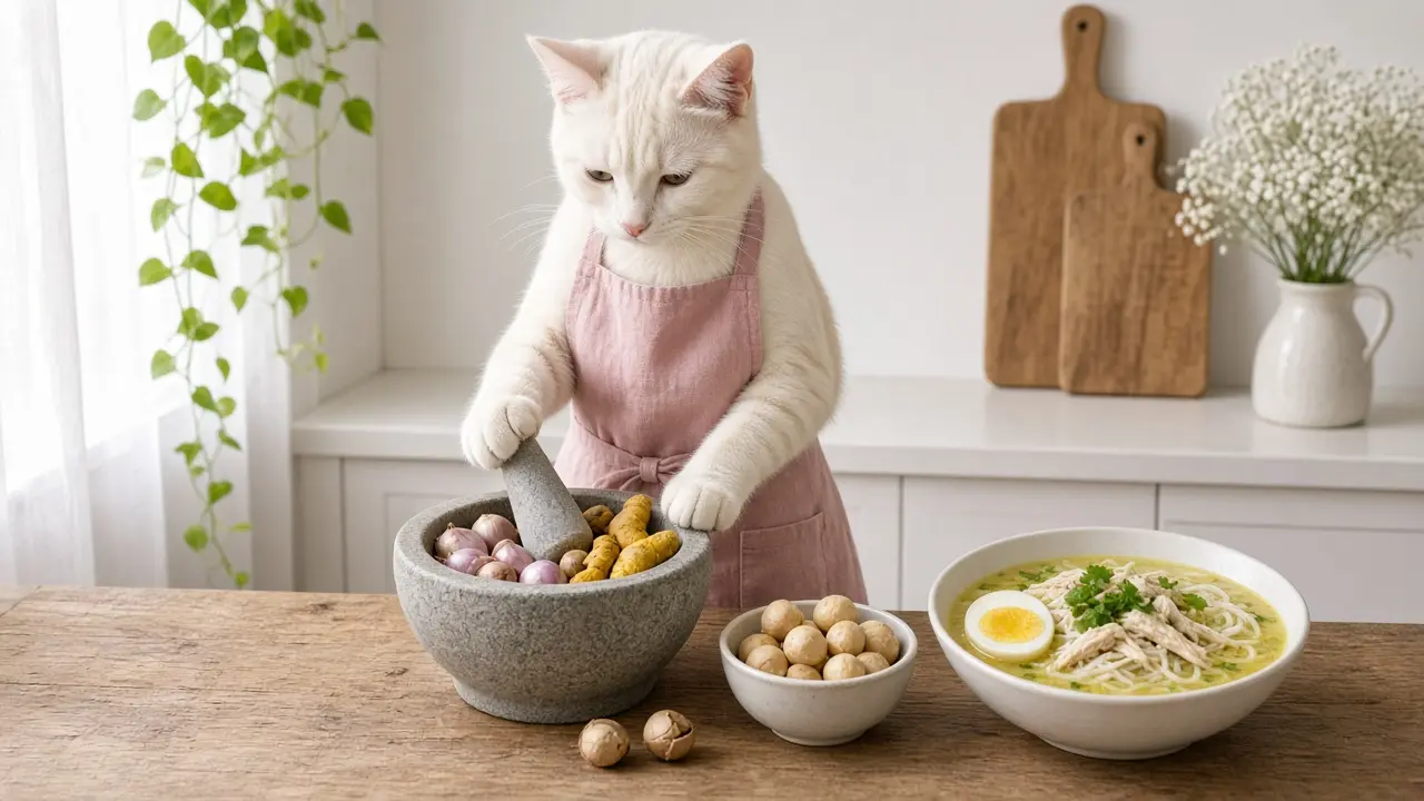 A cream-coloured cat in a pink apron, cooking this dish