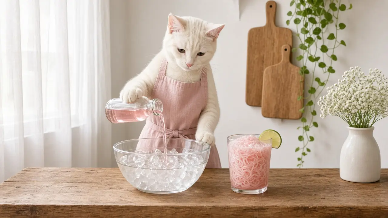 A cream-coloured cat in a pink apron, cooking this dish