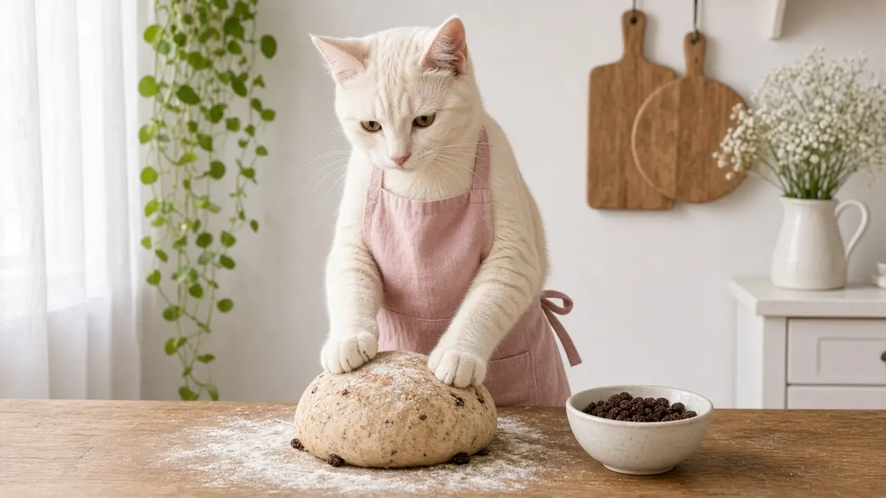 A cream-coloured cat in a pink apron, cooking this dish