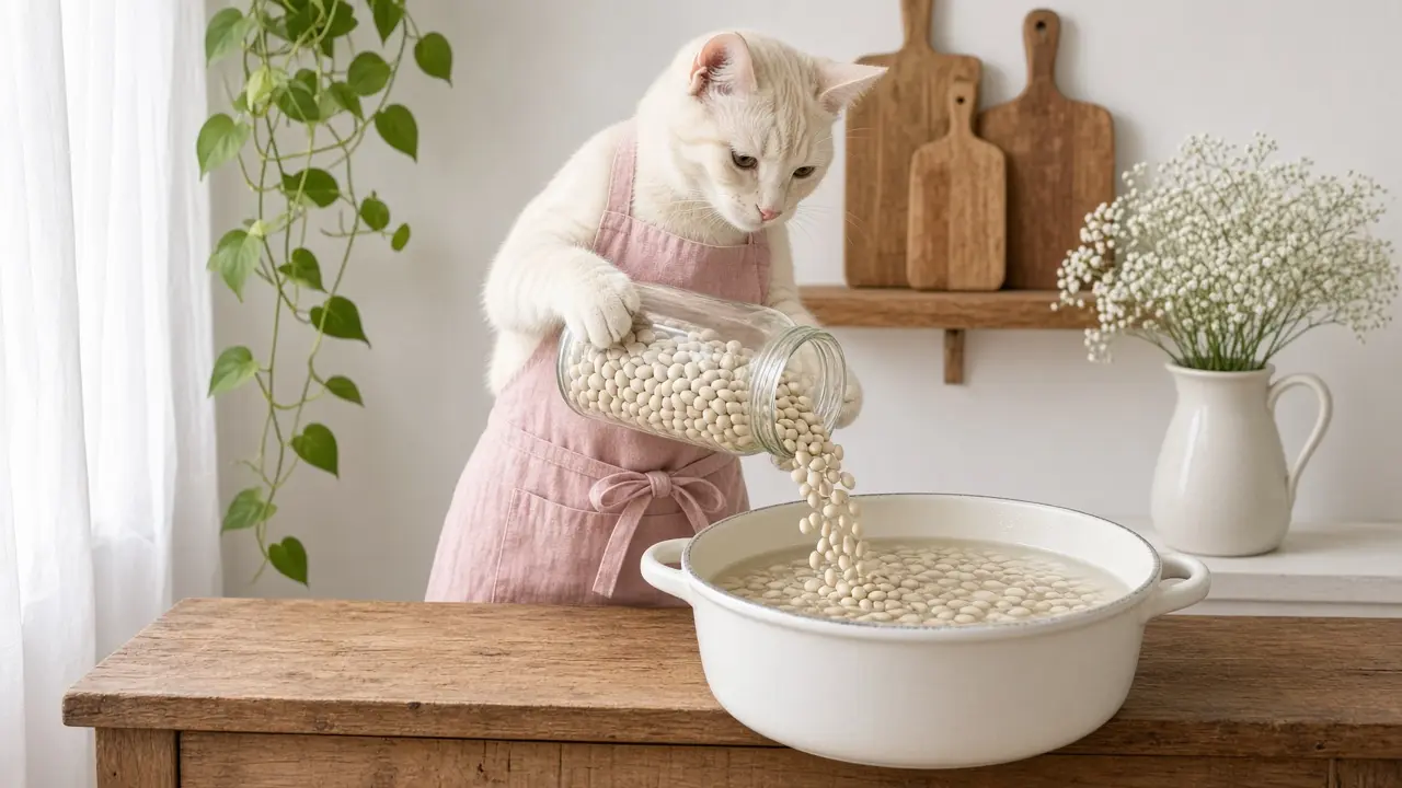 A cream-coloured cat in a pink apron, cooking this dish