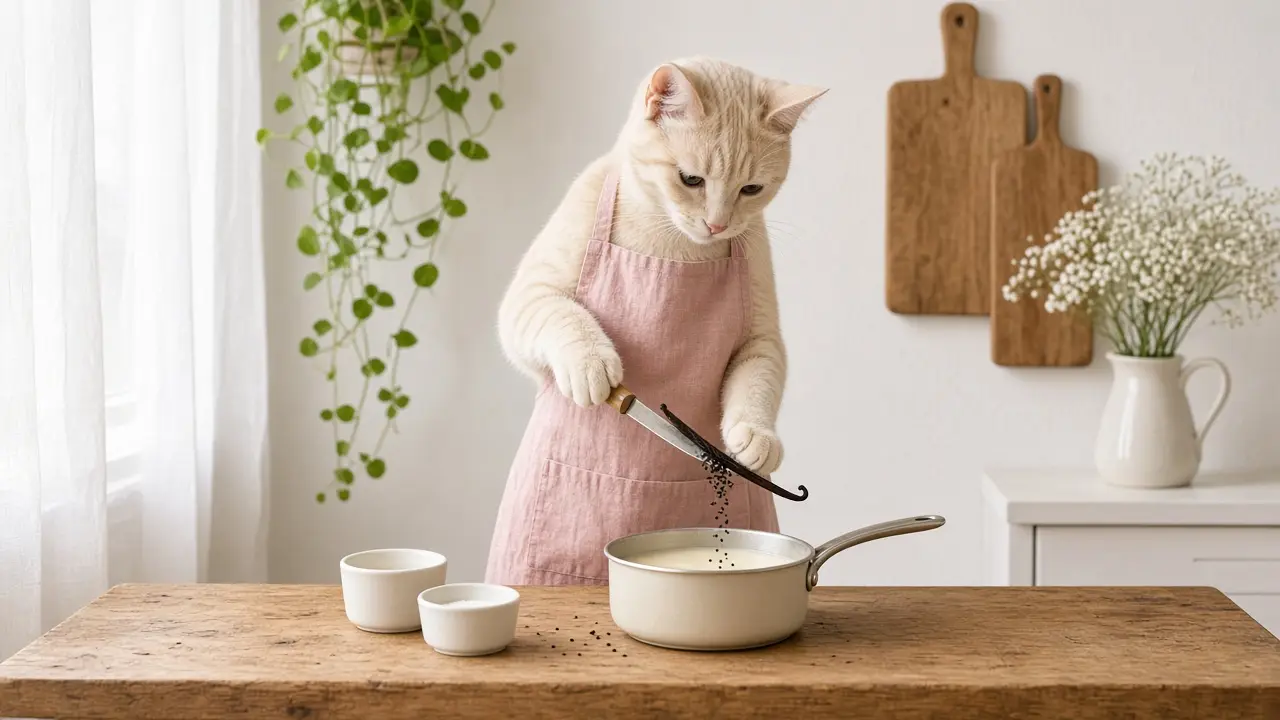 A cream-coloured cat in a pink apron, cooking this dish
