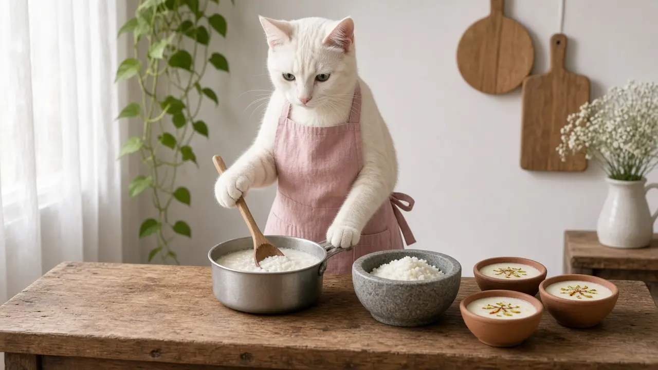A cream-coloured cat in a pink apron, cooking this dish