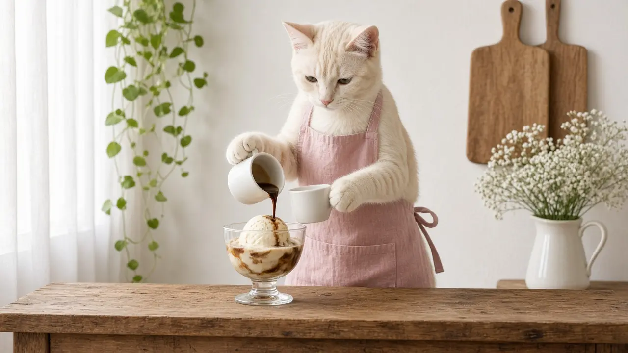 A cream-coloured cat in a pink apron, cooking this dish