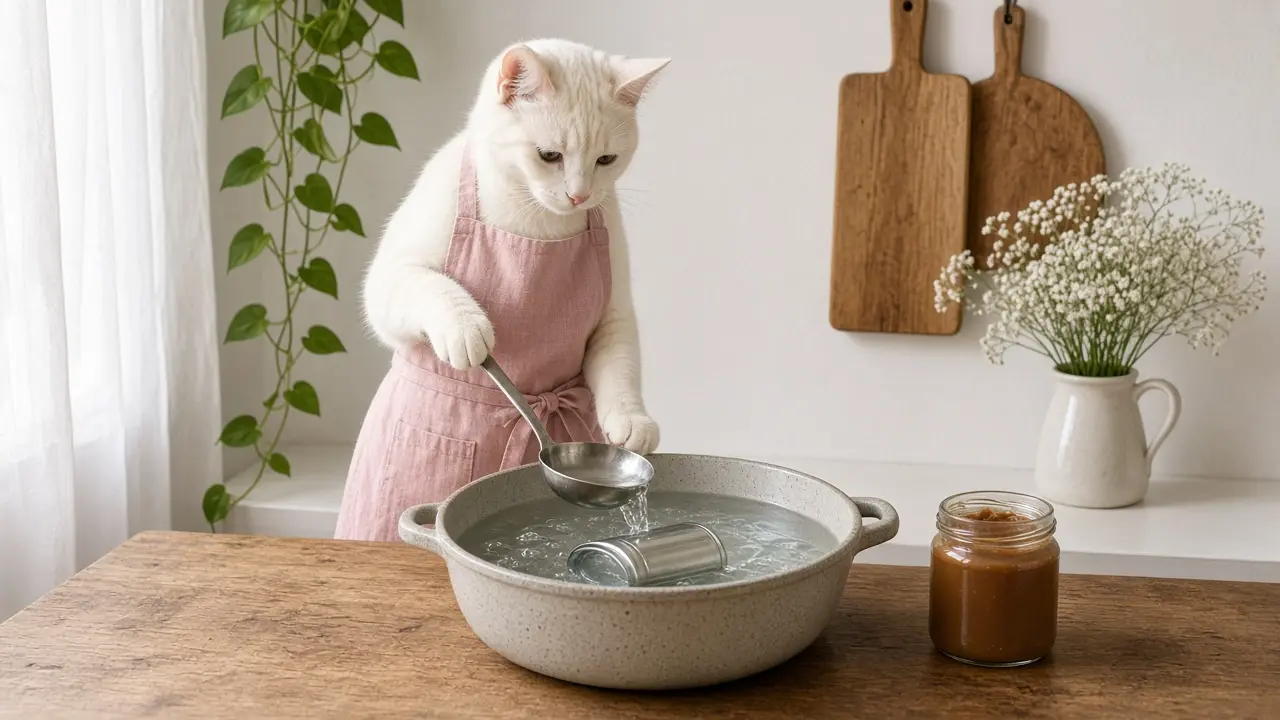 A cream-coloured cat in a pink apron, cooking this dish