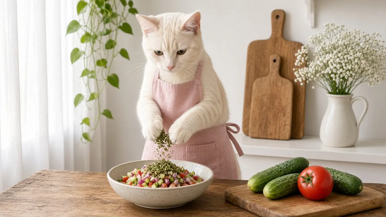 A cream-coloured cat in a pink apron, cooking this dish