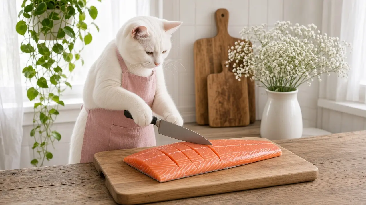 A cream-coloured cat in a pink apron, cooking this dish
